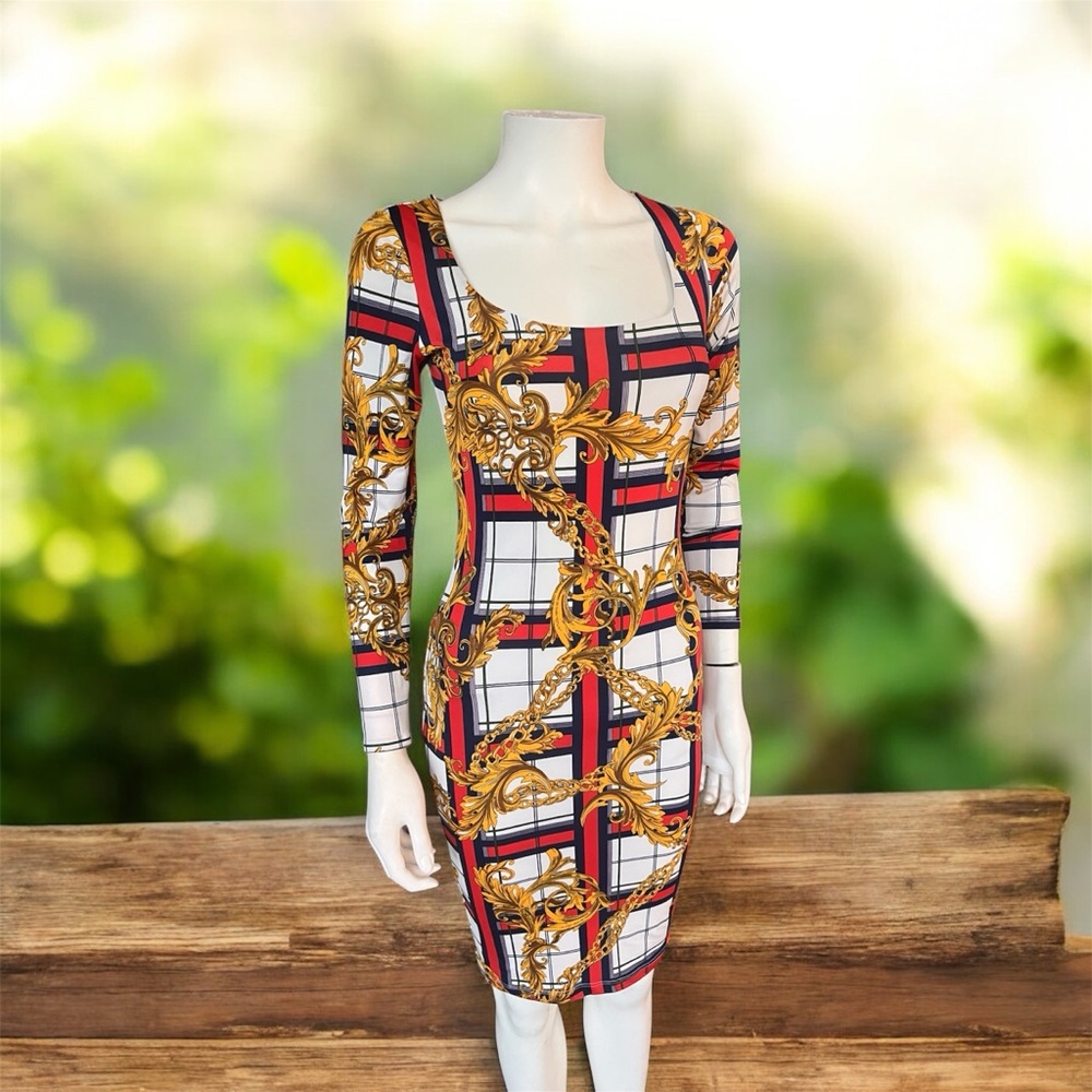 Elegant Gold and Red Patterned Dress small